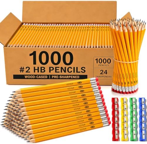 Wood-Cased #2 HB Pencils Bulk Pack 1000 Pencils Pre-Sharpened 24 Sharpeners