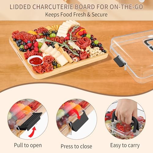 CAWIU Large Charcuterie Board with Lid, Portable Cheese Board & Snack Tray