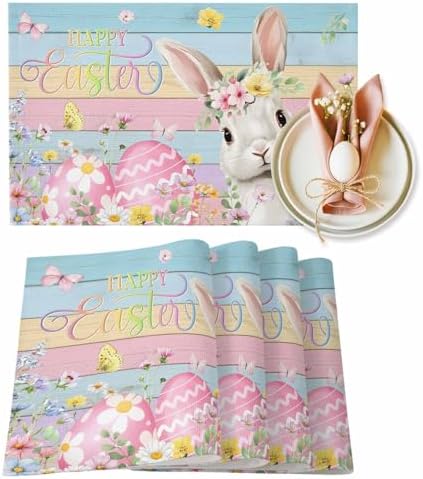 Easter Placemats Set of 6, Bunny Eggs Place Mats Washable Dining Table Mats Spring Holiday Party Decor for Kitchen&Linens Outdoor Indoor, Spring Floral Leaves Carrot Color Wood
