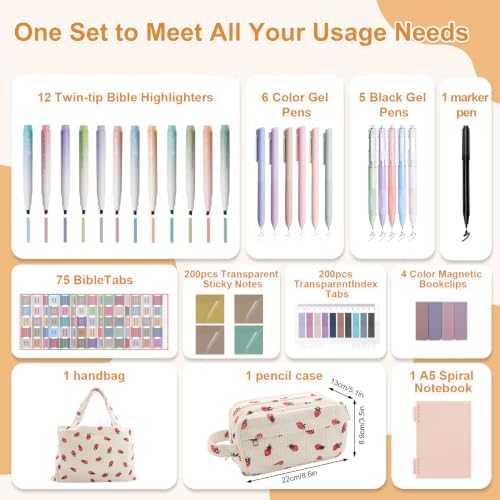 Bible Study Supplies, 50 Pack Bible Journaling Kit for Women with Tabs, Highlighter Set,Notebook , Pen Case and Storage Bag,No Bleed Annotation Kit for Christian Gifts (50PCS, Red Strawberry)