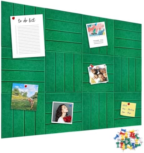 12 Packs Green Felt Pin Board, Large 12" Bulletin Board with 30 Push Pins, Felt Board Slat Wall Paneling for Office Home Kitchen, Self-Adhesive Corkboard Tiles for Classroom Message Photos Memos