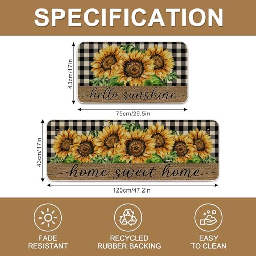 JarThenaAMCS Summer Kitchen Mats Set of 2, Sunflower Plaids Kitchen Floor Mat Non-Slip Decorative Bathroom Rugs for Indoor Outdoor Home Office Decor, 17 x 29 Inch & 17 x 47 Inch