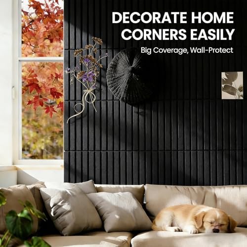Slat Felt Wall Tiles (12 Pack) - 11.8"x11.8" Self-Adhesive Bulletin Board for Wall, Acoustic Panels for Sound Dampening, Modern Black Pin Board, Home Office Decor (30x30cm)