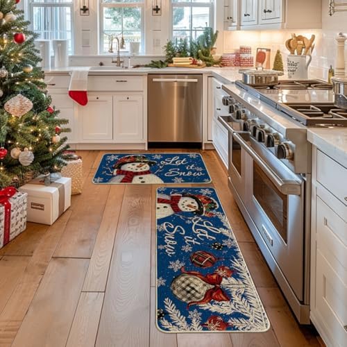 Artoid Mode Blue Let It Snow Snowflake Snowman Winter Kitchen Mats Set of 2, Christmas Decor Low-Profile Kitchen Rugs for Floor - 17x29 and 17x47 Inch