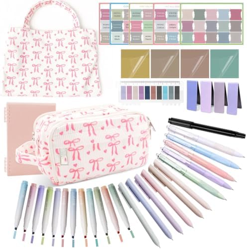 Bible Study Supplies, 50 Pack Bible Journaling Kit for Women with Tabs, Highlighter Set,Notebook, Pen Case and Storage Bag,No Bleed Annotation Kit for Christian Gifts (50PCS, Pink Bow)