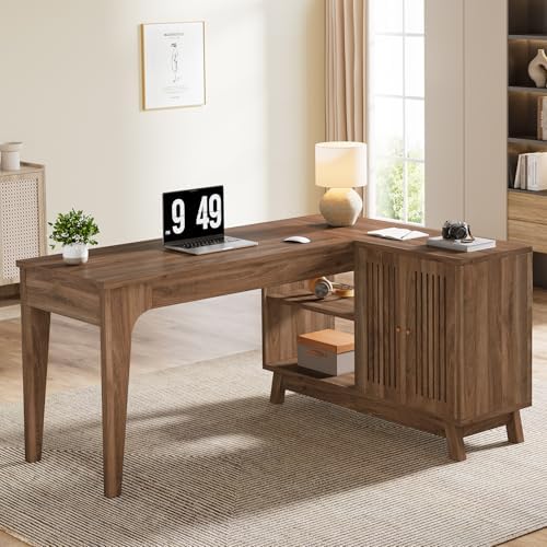 Tribesigns 57-Inch L-Shaped Desk, Office Computer Desk with Storage, Wooden Corner Workstation, Study Writing Table for Home Office (Walnut)