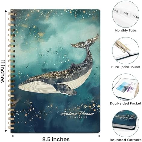 Large Planner 2026-2027, A4 (8.5" x 11") Hardcover Weekly & Monthly Planner July 2026 - June 2027 with Monthly Tabs, Academic Planner for School, Work and Office, Whale Dreams