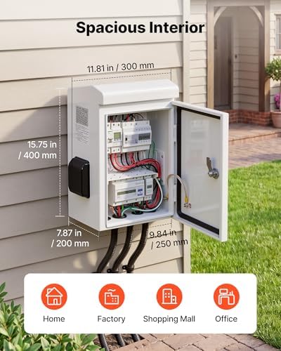 VEVOR Outdoor Electrical Box, Cold-Rolled Steel, Electrical Junction Box with Thermostat and Fan, Rain Hood, Ventilated Design, IP65 Waterproof Hinged Enclosure, Wall/Pole Mounted, 16 x 12 x 8 in