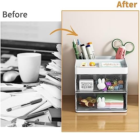 Marbrasse Small Desk Organizer with Drawer, Multi-Functional Pen Pencil Holder Storage Box, Desk Organizers and Accessories with 3 Compartments + 2 Drawer for Office Art Supplies(White)