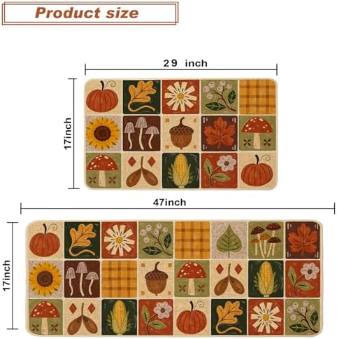 Baccessor Fall Kitchen Rugs Set of 2, Pumpkin Harvest Patchwork Kitchen Mats for Floor Washable Low-Profile Farmhouse Autumn Holiday Home Indoor Outdoor Decor 17x29 and 17x47 Inch