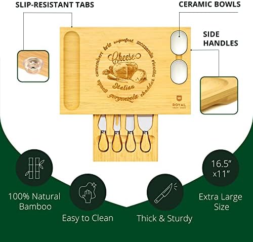 ROYAL CRAFT WOOD Bamboo Cheese Board and Knife Set with Charcuterie Board & Serving Tray with 4 Stainless Steel Knife & Thick Wooden Server with Bowls and Serveware Accessories