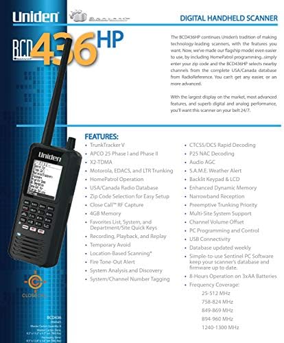Uniden BCD436HP HomePatrol Series Digital Handheld Scanner. TrunkTracker V, Simple Programming, S.A.M.E. Emergency/Weather Alert, Covers USA and Canada