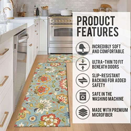 Colorful Floral Kitchen Rug for Floor 2 Piece Sets, Boho Floor Mat for Kitchen in Front of Sink for Standing for Kitchen Decor 17"X30"+17"X47"