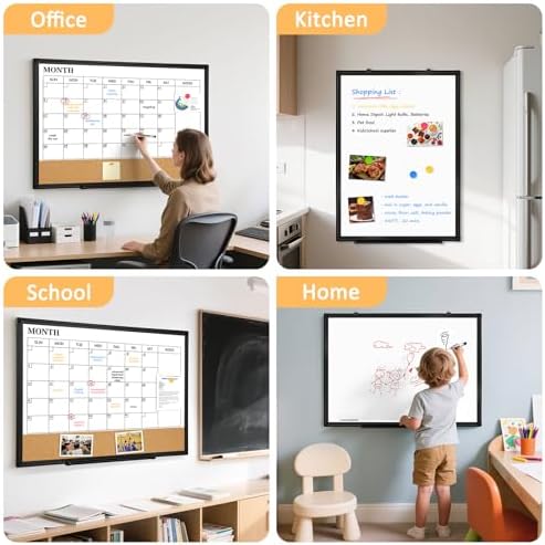 Monthly Dry Erase Calendar Whiteboard with Corkboard, 36" x 24", Black
