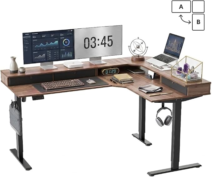 CubiCubi 63x48 Inches L Shaped Standing Desk with 3 Drawers and Monitor Shelf, Height Adjustable Corner Computer Desk with Hooks, Sit Stand Up Ergonomic Home Office Workstation Table, Deep Walnut
