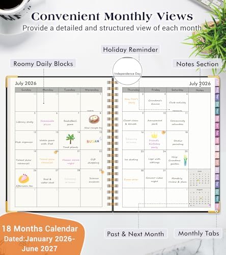 Academic Planner 2026-2027, 18 Months Weekly and Monthly Hardcover Planner, July 2026 - December 2027, 8.5" x 11" A4 Large Daily Calendar Planner Book with Tabs, Spiral College School Agenda Organizer for Student Teacher, Black
