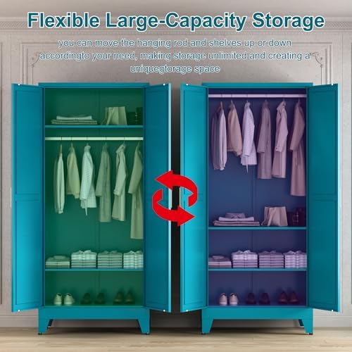 Washsemba 71'' Farmhouse Metal Wardrobe Cabinet with Hanging Rod, 2 Barn Door Wardrobe Closet with 2 Adjustable Shelves,for Dining Room,Bedroom,Living Room, Cloak Room,Office (Peacock Blue)