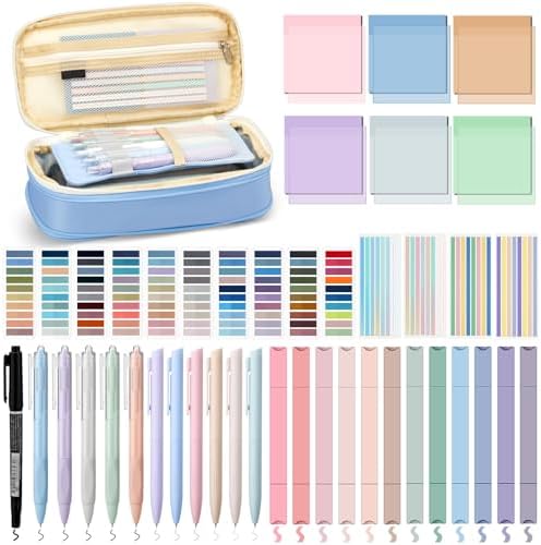 135 Pcs Book Annotation Kit with Pencil Case, 12 Pastel Highlighters, 11 Gel Pens, Fine Marker, 300 Transparent Sticky Notes, 2640 Index Tabs, Bible Study Supplies Kit(Classic,Light Blue)
