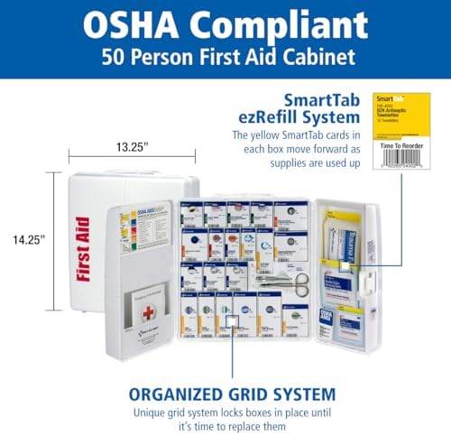 First Aid Only SmartCompliance 50-Person OSHA Compliant First Aid Kit for Business and Office Spaces - Large Plastic Cabinet - Emergency Supplies for Cuts, Bruises, and Scrapes - 245 Pieces