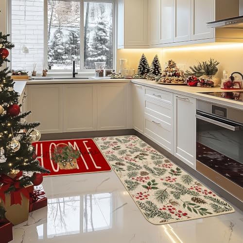 Baccessor Red Christmas Kitchen Rugs Winter Set of 2 17x29 and 17x47 Inch