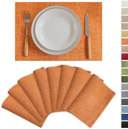 Demetex Orange Fall Placemats Set of 8 Linen Textured Fabric Place Mats Rectangle Cloth Table Mats for Home Office Table Decor, 13x19 inch, Orange