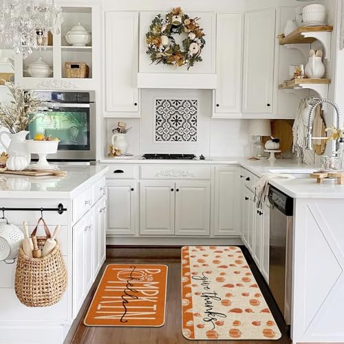 Baccessor Fall Kitchen Rugs Set of 2, Pumpkin Kitchen Mats for Floor Low-Profile Autumn Thanksgiving Home Kitchen Decor 17x29 and 17x47 Inch