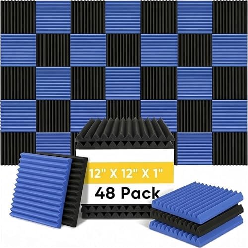 48 Pack 12 "X 12 "X1 Acoustic Panels Studio Soundproofing Foam Wedge Tiles, (24BLUE+24BLACK)