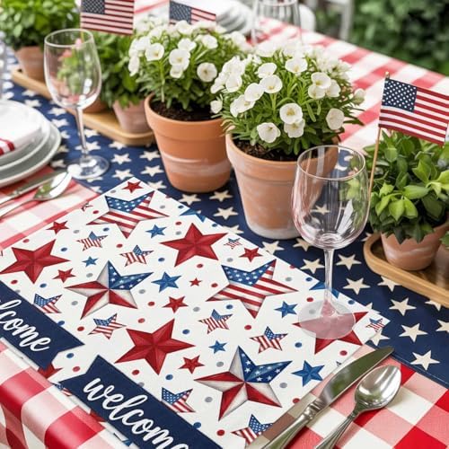 4th of July Placemats Set of 4, Patriotic Stars USA Flag Place Mats Independence Day Dining Table Mats Holiday Party Memorial Day Decor for Kitchen&Linens Outdoor Indoor, Red White and Blue