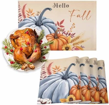 Fall Placemats Set of 4, Hello Fall Pumpkin Place Mats Maple Leaves Sunflower Bird Tablemats Harvest Thanksgiving Placemat Table Decoration for Kitchen Table Holiday Dinner Party Autumn Home Decor