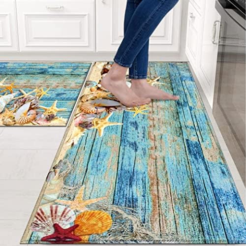 Beach and Nautical Kitchen Rugs for Floor 2 Piece Set, Wood Grain Ocean Coastal Beach Kitchen Rug, Nautical Kitchen Mat in Front of Sink for Standing for Kitchen Decor 17"X30"+17"X47"