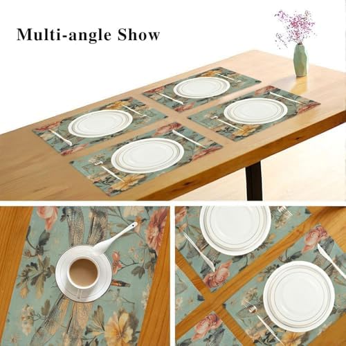 ALAZA Vintage Dragonfly Floral Set of 6 Placemats Rectangle Table Mat for Dining Table Restaurant Kitchen Home Decor, 12" x 18"