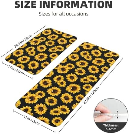 Lovely Sunflower Kitchen Floor Mat 2 Sets, Non Slip Rugs Absorbent Mats for Floor Countertop Office Home, Sunflower Indoor Outdoor Decor Doormat 17" x 29.5" + 17" x 47"