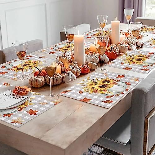 Fall Pumpkins Leaves Placemats Set of 4, Thanksgiving Heat Resistant Washable Table Place Mats Rustic Farmhouse Gray Buffalo Plaid Table Linens Party Decor for Home Kitchen Dining Outdoor Indoor