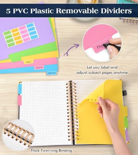 5 Subject Graph Paper Notebook with Removable Dividers Tabs, 300 Pages Hardcover Leather Grid Spiral Journal, 8"x10" B5 Large Graphing Notebooks for Women Men Work School College Engineering, Black