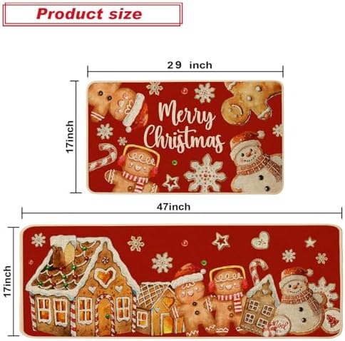 Baccessor Christmas Gingerbread Kitchen Rugs Set of 2,Red Gingerbread House Xmas Winter Snowman Kitchen Mats Washable Non Slip for Floor Hallway Laundry Sink Holiday Home Decor 17x29 and 17x47 Inch