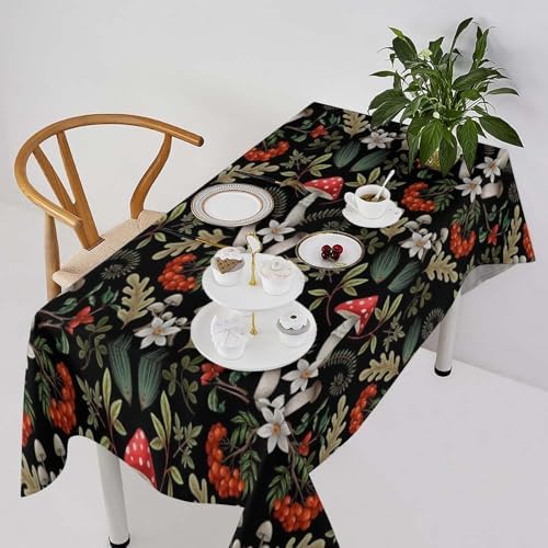 Autumn Mushroom Tablecloth, Rustic Vintage Farmhouse Mushrooms Fern Berries Leaves Botanical Print Table Cover for Outdoor Party Picnic Kitchen Dinning Table Decor 60x120in