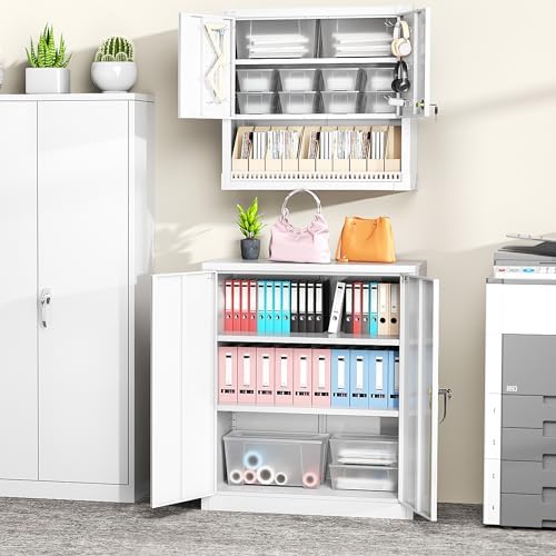 Greenvelly Metal Garage Storage Cabinet, Lockable Metal Cabinets with 2 Doors and Shelves,36”Steel Storage Locking Counter Cabinet for Office,Garage,Kitchen,Home,School(White)