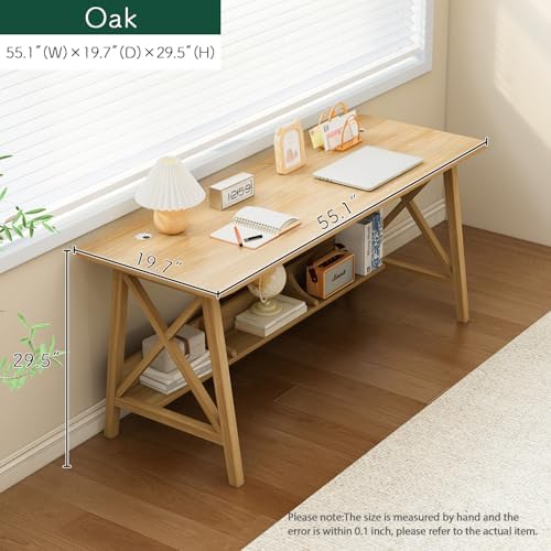 NELYE Extra Long Writing Desk with Bookshelf, 55" Wx20 Dx30 H, Oak