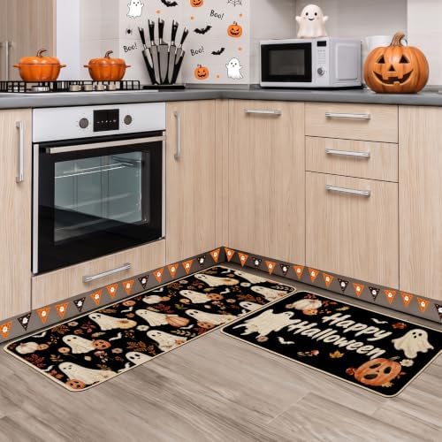 Baccessor Halloween Kitchen Rug Cute Ghost Set of 2,17x29 and 17x47 Inch