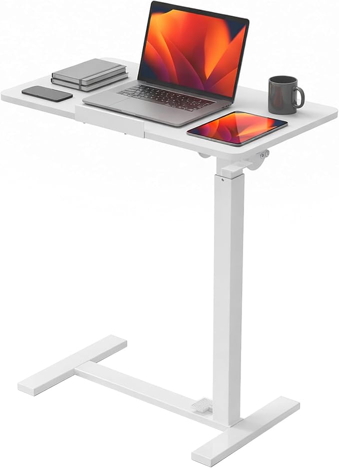 DUMOS Adjustable Rolling Desk, Standing Desks, Overbed Table | Mobile Hidden Wheels, Portable Laptop Computer Workstation, Bed Sofa Couch Use, Milk