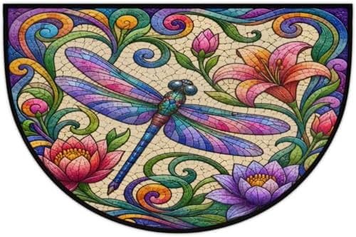 Bohemian Dragonfly Flower Half Round Door Mat, Non-Slip Welcome Indoor Entrance Way Rug Semi Circle Front Doormats Washable Bathroom Kitchen Floor Mat, Outdoor Rugs for Garage, Patio, Hearth Rug,B-1