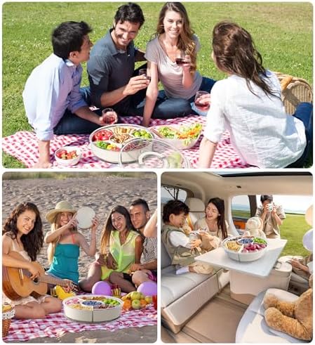 Divided Rotating Serving Tray with Lid and Handle, Portable Snackle Box for Fruits Snacks Veggie Charcuterie, Clear Lazy Susan Organizer and Fridge Storage Container for Adults Child (2PCS,12" L