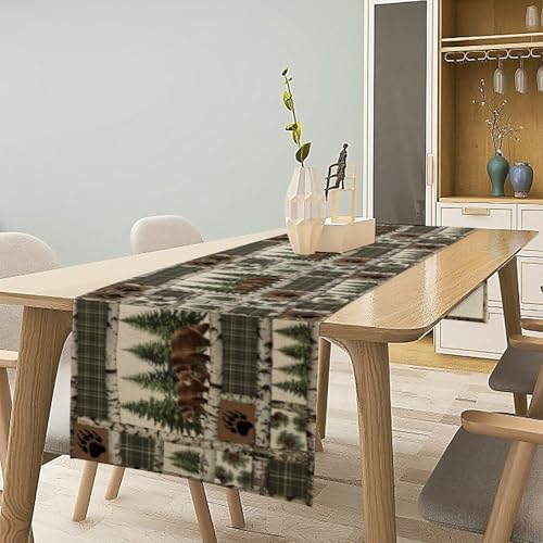 Vintage Rustic Cabin Moose Deer Bear Table Runner, Retro Bear Cottage Country Style Cabin Farmhouse Dinner Runner for Home Kitchen Dining Table Decoration 13"x36"