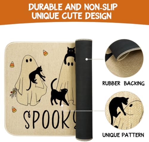 Ghost Black Cat Halloween Kitchen Rugs and Mats Set of 2, (17"x47"+17"x30") Gothic Cute Spooky Season Pumpkin Trick Or Treat Non Skid Washable Runner Rugs for Home Decor Decorations and Accessories