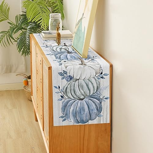 Fall Table Runner Blue Pumpkin Table Runners Harvest Thanksgiving White Blue Pumpkins Wooden Cotton Linen Dresser Scarf Kitchen Dining Table Decor for Autumn Holiday Party Coffee 13x70 Inch