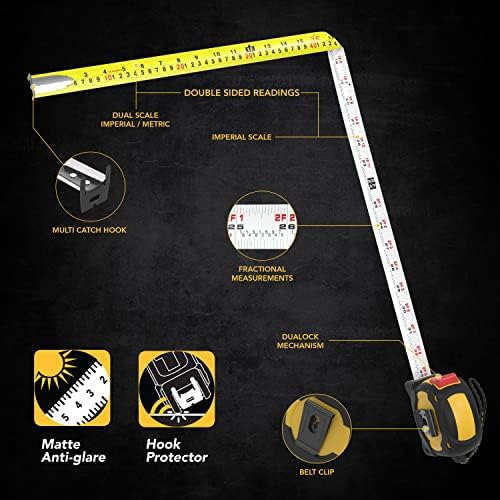 LEXIVON [3-Pack] 16Ft/5m DuaLock Tape Measure | 1-Inch Wide Blade with Nylon Coating, Matte Finish White & Yellow Dual Sided Rule Print | Ft/Inch/Fractions/Metric (LX-207X3)