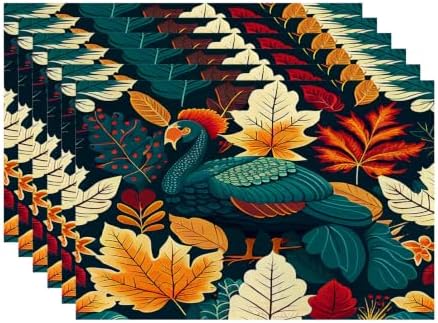 Batmerry Turquoise Thanksgiving Turkey Linen Placemats Set of 6, Autumn Berries Leaves Washable Table Mats for Kitchen Table Thickened Heat Insulation Dining Set Indoor Outdoor 12X18 in