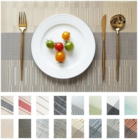 Placemats Set of 12 Vinyl/Plastic Woven Place Mats for Kitchen Table Indoor/Outdoor Washable Placemat Wipeable Dining Table Mats (Ombre Glod,12)