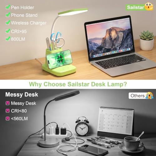 LED Desk Lamp with 10W Wireless Charging & Pen Holder, Light Green