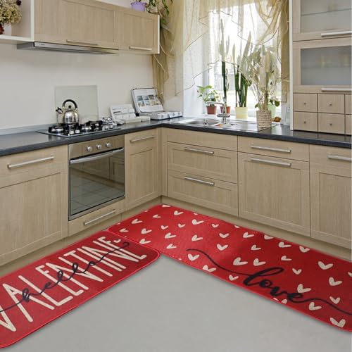 Valentine's Day Heart-Shaped Kitchen Carpet and mat Set, Two-Piece Kitchen Home Decoration, Happy Home Decoration on The Floor - Approximately 16x28 and 16 * 48Inch Dark red